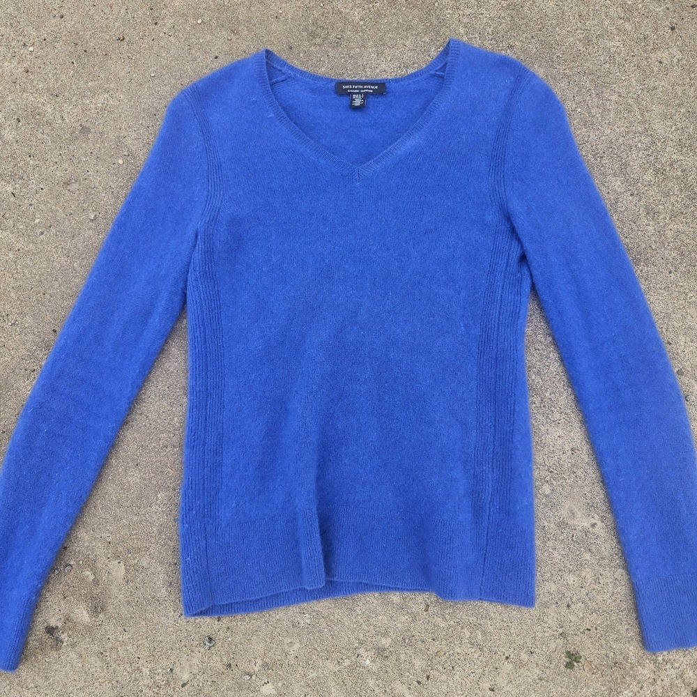 Saks Fifth Avenue 100% Cashmere Knit Sweater Bright Blue Long Sleeve XS Lux Chic